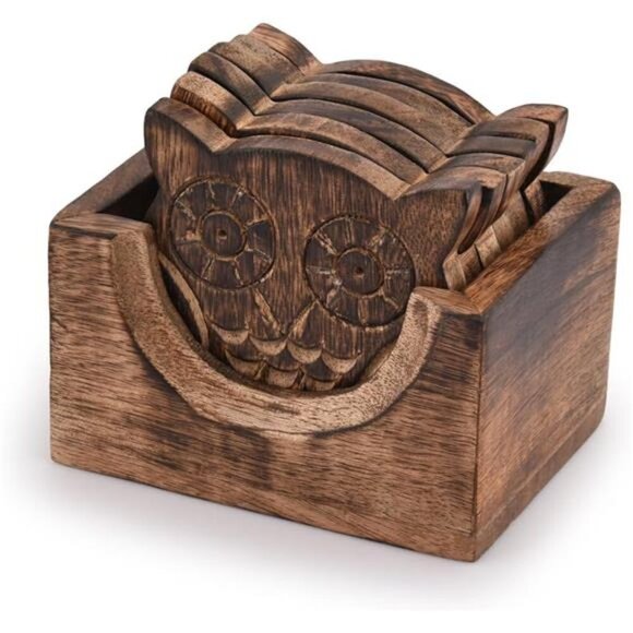 Wooden Crafted Coaster Set of 6 with Coasters Holder for Drink Bar Coaster - Picture 2 of 7